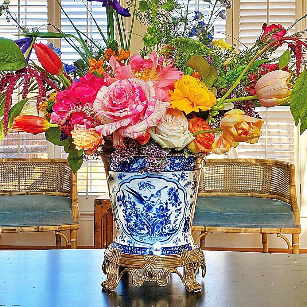 Blue, White Chinoiserie Porcelain Planter. Hand Painted. Bronze Accents (10"H)